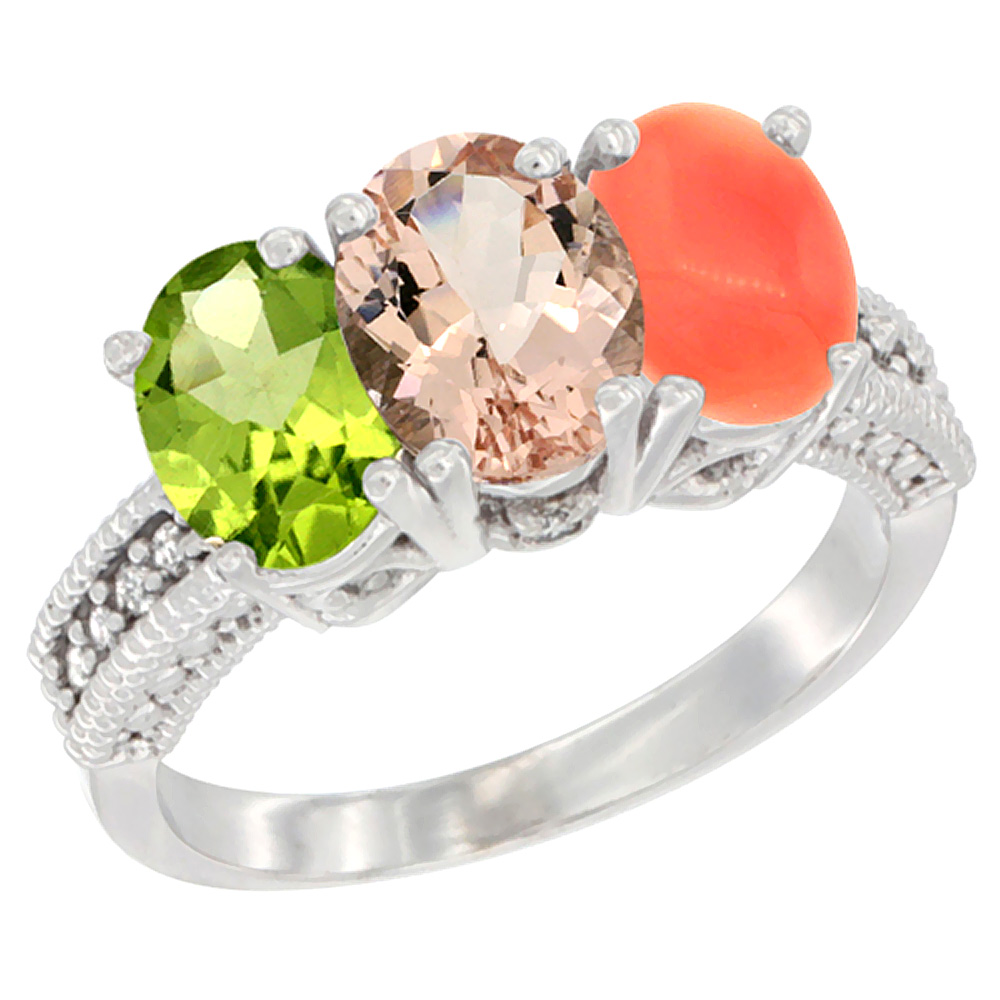 14K White Gold Natural Peridot, Morganite & Coral Ring 3-Stone Oval 7x5 mm Diamond Accent, sizes 5 - 10