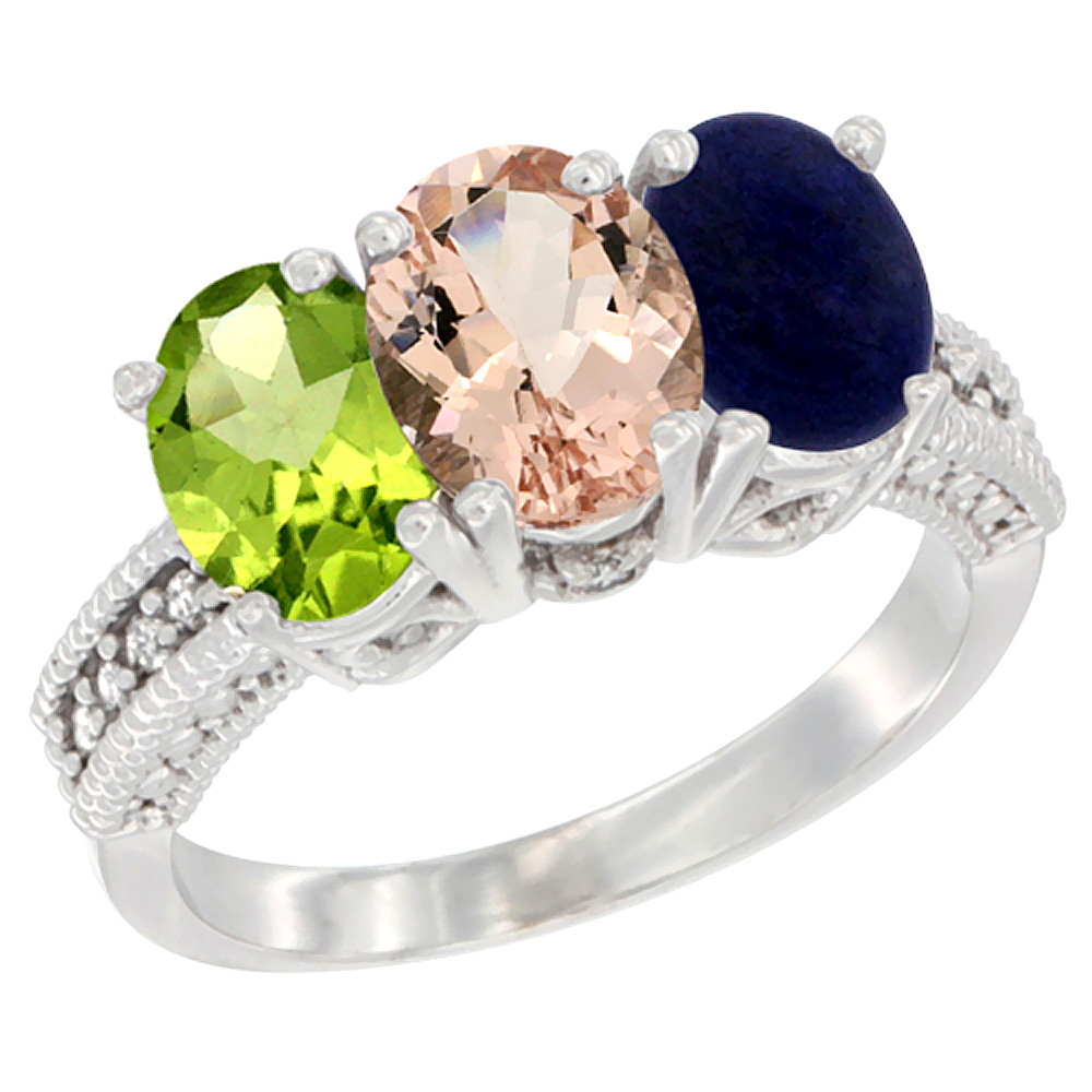 14K White Gold Natural Peridot, Morganite & Lapis Ring 3-Stone Oval 7x5 mm Diamond Accent, sizes 5 - 10