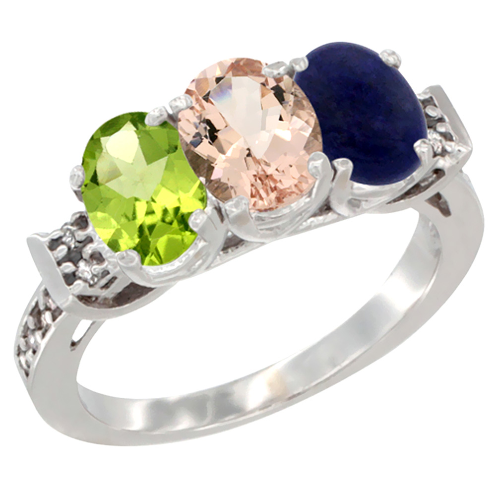 14K White Gold Natural Peridot, Morganite & Lapis Ring 3-Stone Oval 7x5 mm Diamond Accent, sizes 5 - 10