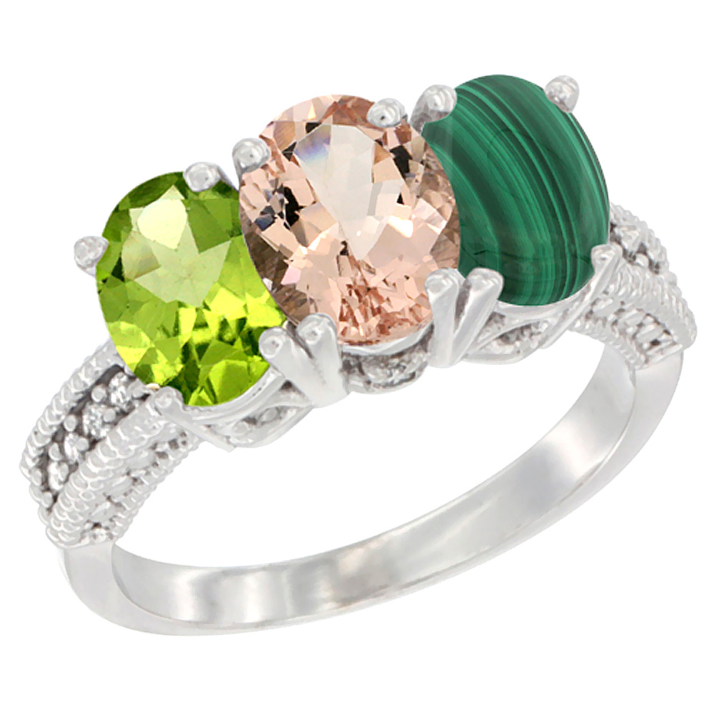 10K White Gold Natural Peridot, Morganite & Malachite Ring 3-Stone Oval 7x5 mm Diamond Accent, sizes 5 - 10