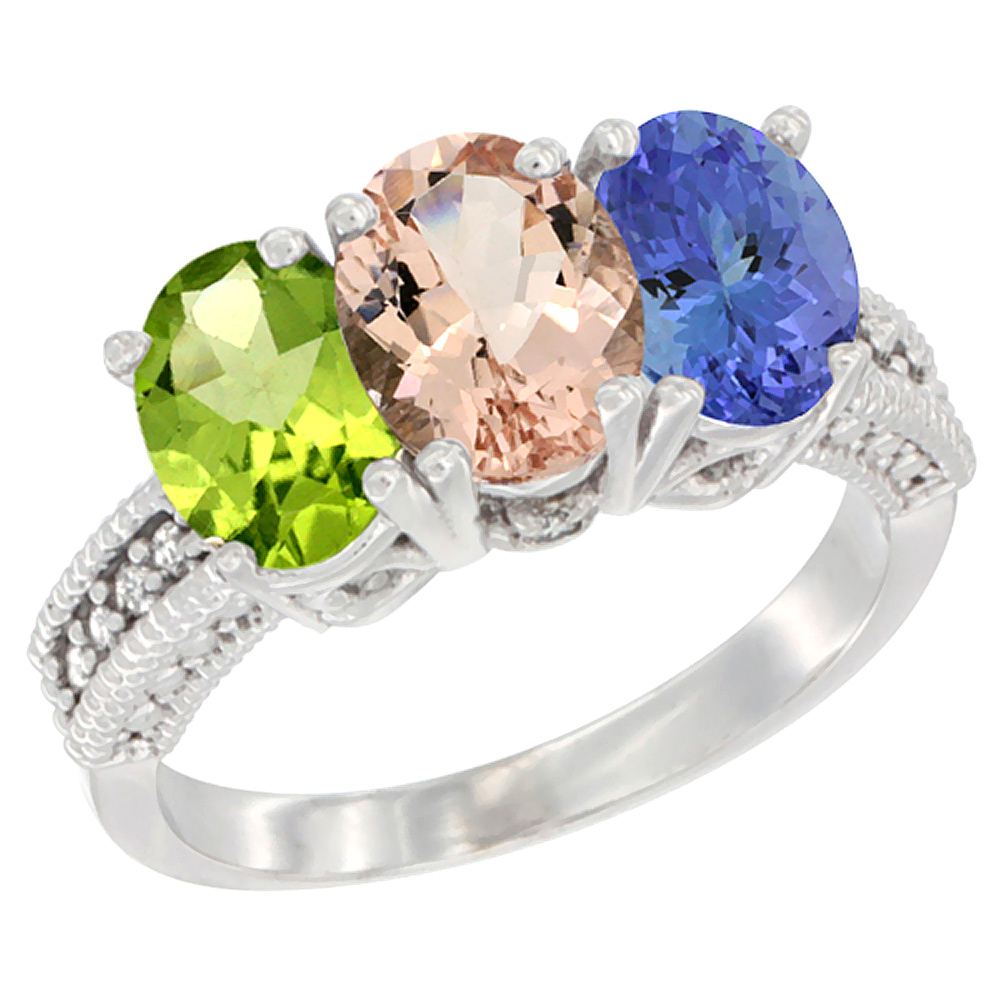 14K White Gold Natural Peridot, Morganite &amp; Tanzanite Ring 3-Stone Oval 7x5 mm Diamond Accent, sizes 5 - 10