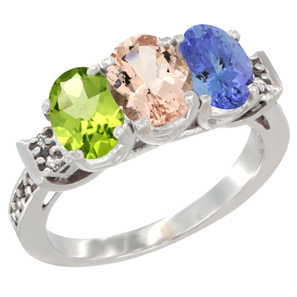 14K White Gold Natural Peridot, Morganite & Tanzanite Ring 3-Stone Oval 7x5 mm Diamond Accent, sizes 5 - 10