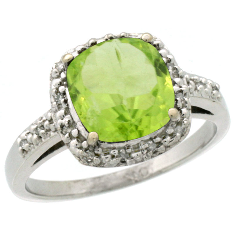 10K White Gold Diamond Natural Peridot Ring Cushion-cut 8x8 mm, sizes 5-10