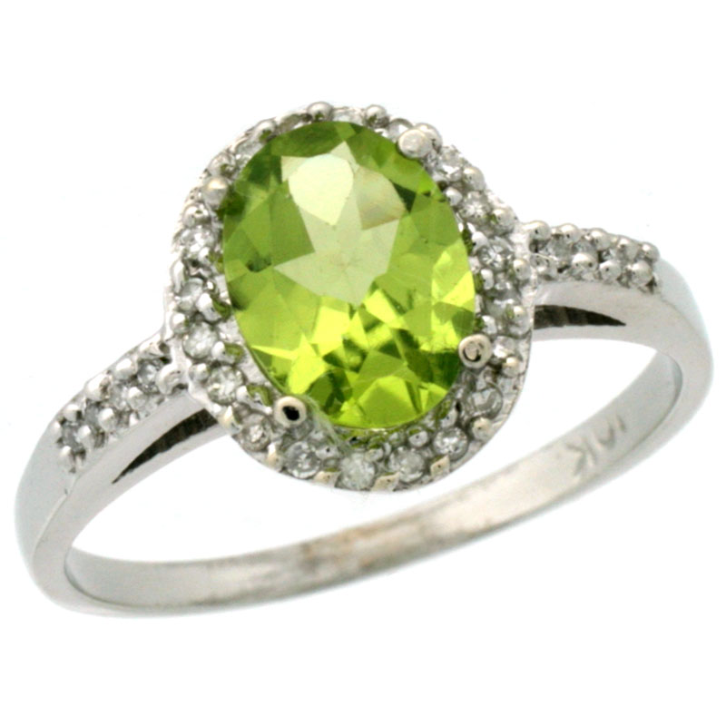 14K White Gold Diamond Natural Peridot Ring Oval 8x6mm, sizes 5-10