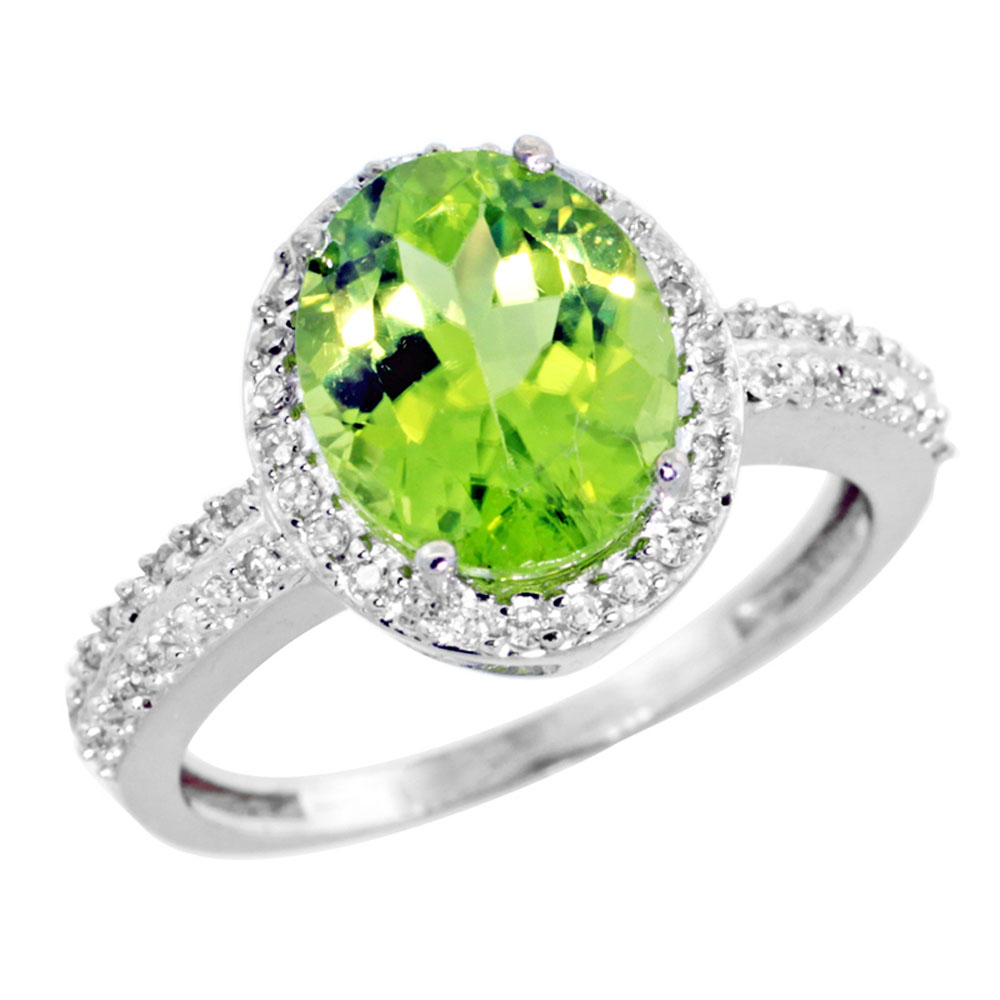 14K White Gold Diamond Natural Peridot Engagement Ring Oval 10x8mm, sizes 5-10