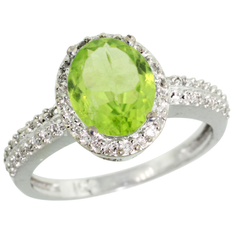 10K White Gold Diamond Natural Peridot Ring Oval 9x7mm, sizes 5-10