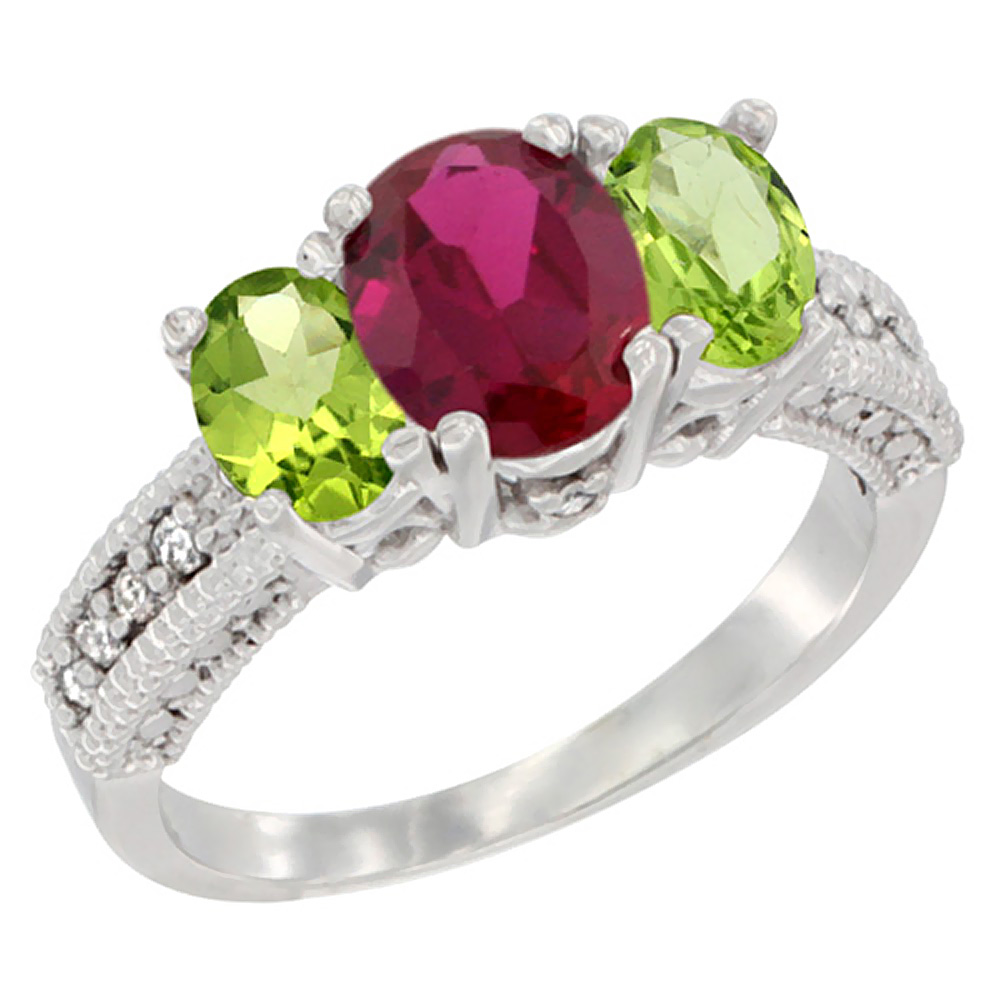 14K White Gold Diamond Quality Ruby 7x5mm &amp; 6x4mm Peridot Oval 3-stone Mothers Ring,size 5 - 10