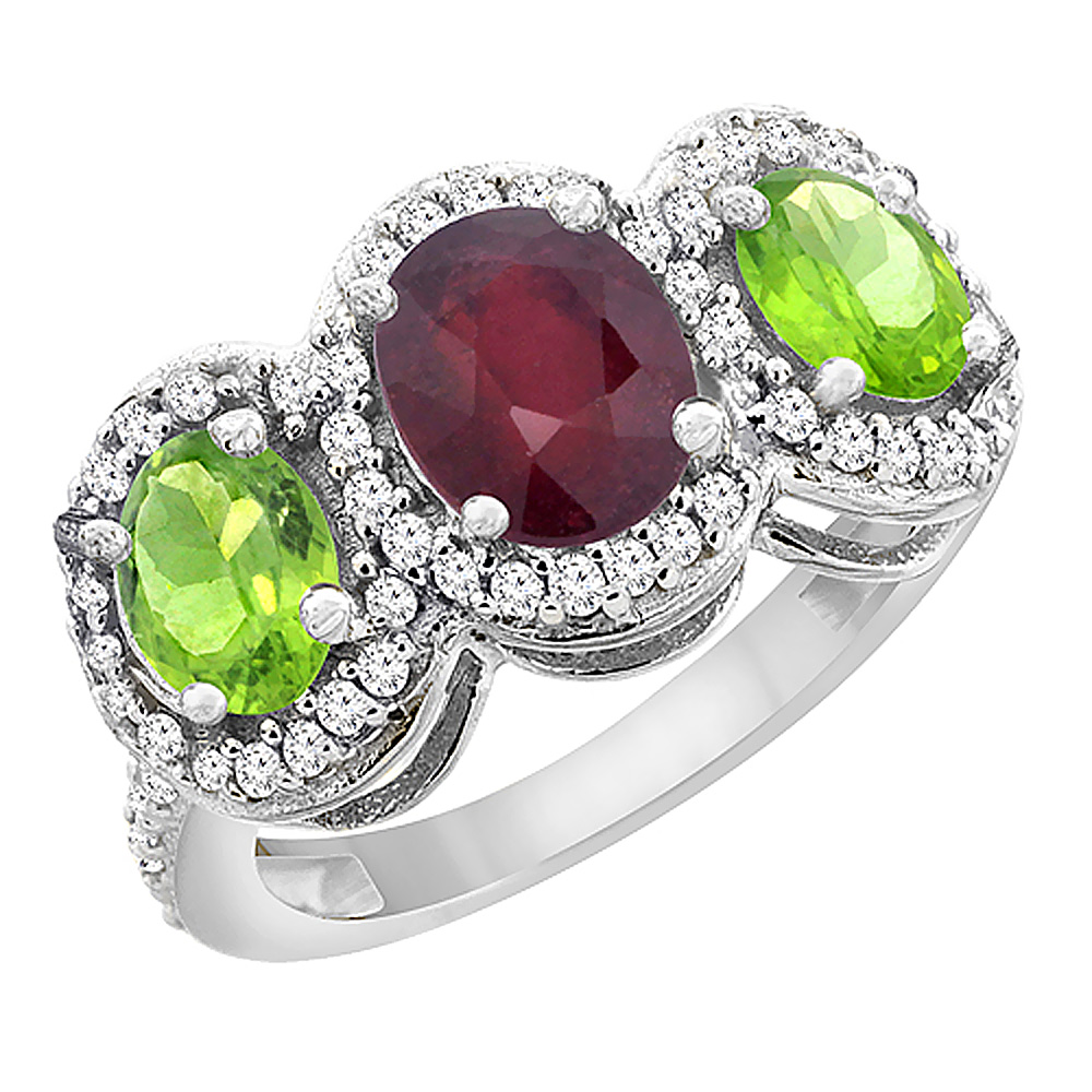 14K White Gold Enhanced Ruby & Peridot 3-Stone Ring Oval Diamond Accent, sizes 5 - 10