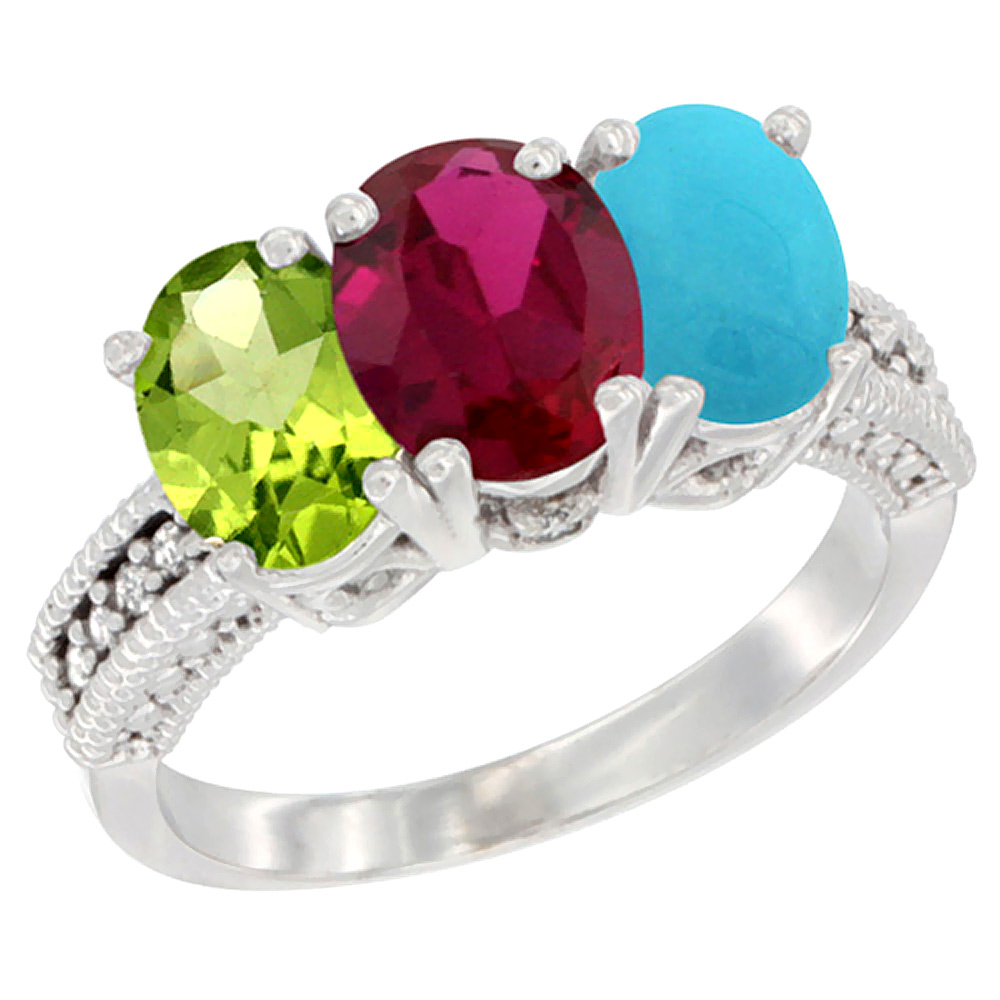 14K White Gold Natural Peridot, Enhanced Ruby & Natural Turquoise Ring 3-Stone Oval 7x5 mm Diamond Accent, sizes 5 - 10