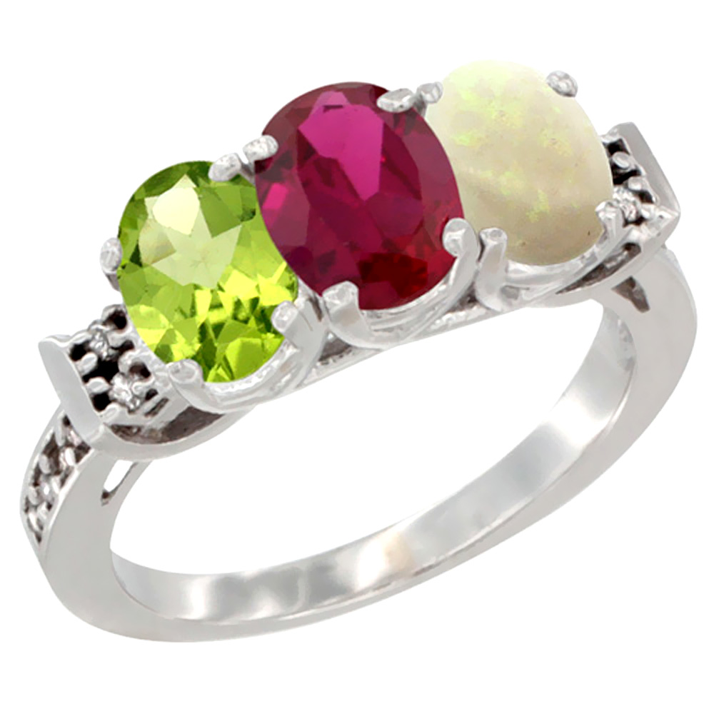 14K White Gold Natural Peridot, Enhanced Ruby & Natural Opal Ring 3-Stone Oval 7x5 mm Diamond Accent, sizes 5 - 10