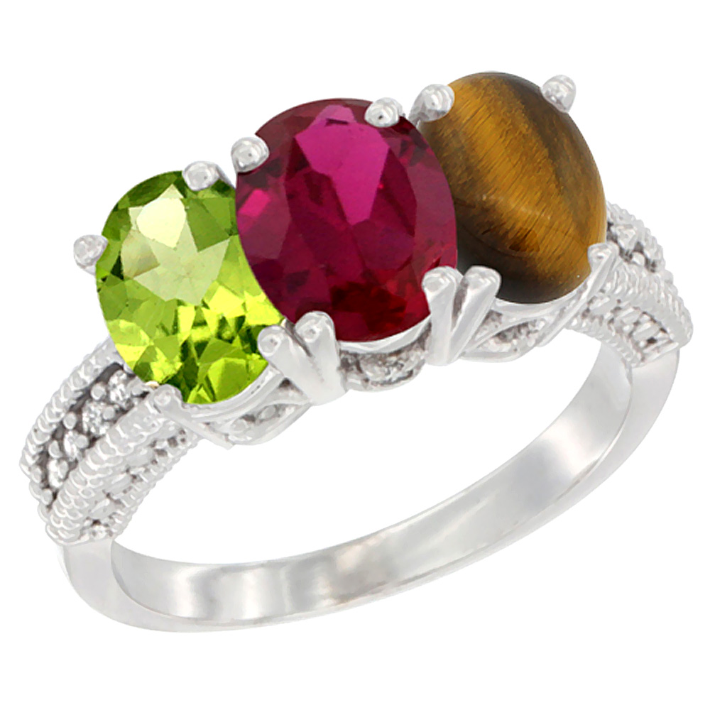 14K White Gold Natural Peridot, Enhanced Ruby & Natural Tiger Eye Ring 3-Stone Oval 7x5 mm Diamond Accent, sizes 5 - 10