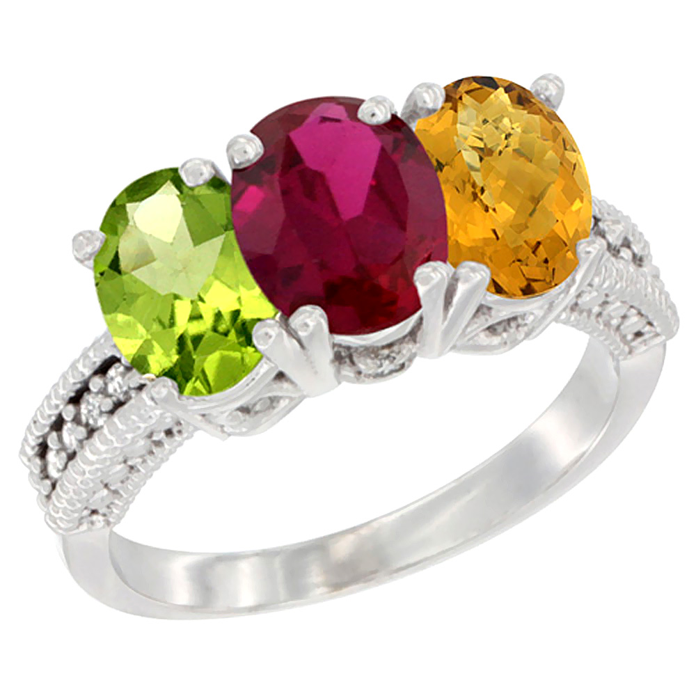 14K White Gold Natural Peridot, Enhanced Ruby & Natural Whisky Quartz Ring 3-Stone Oval 7x5 mm Diamond Accent, sizes 5 - 10