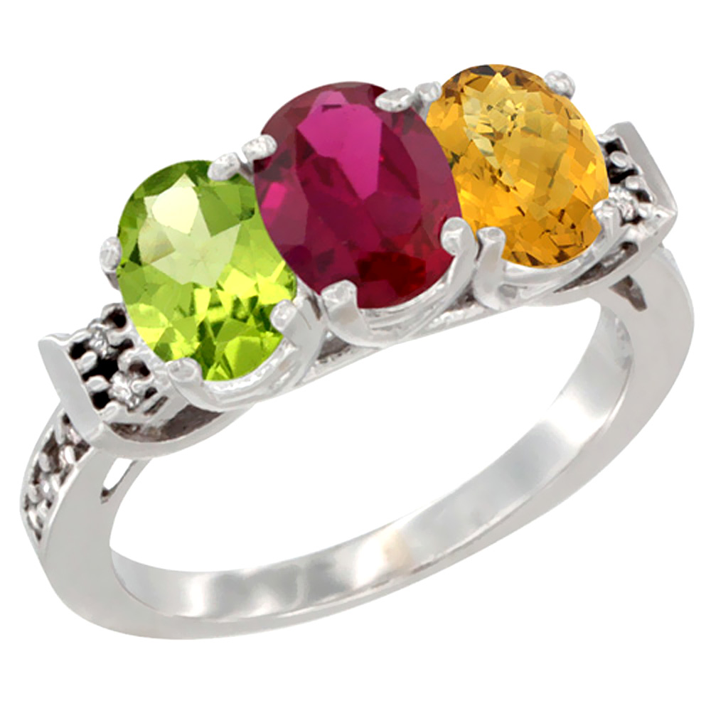 14K White Gold Natural Peridot, Enhanced Ruby & Natural Whisky Quartz Ring 3-Stone Oval 7x5 mm Diamond Accent, sizes 5 - 10