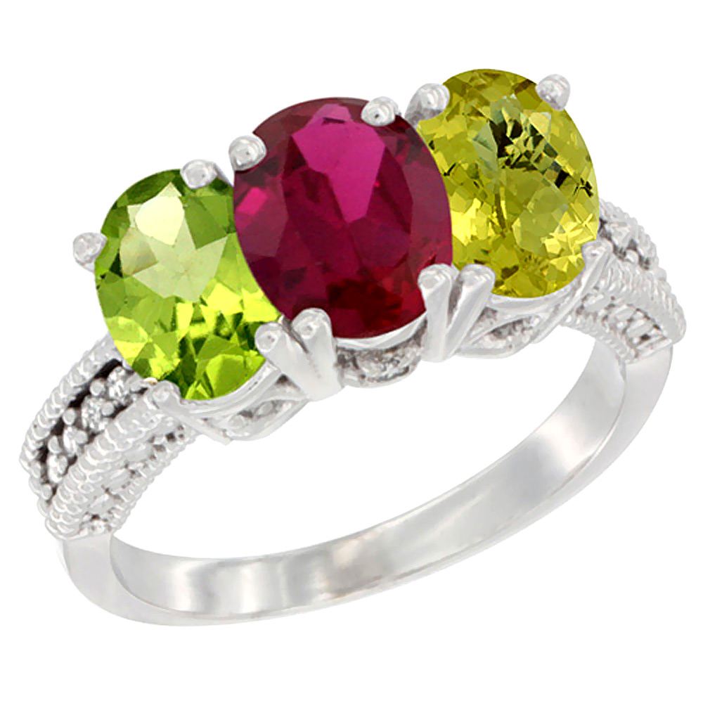 14K White Gold Natural Peridot, Enhanced Ruby & Natural Lemon Quartz Ring 3-Stone Oval 7x5 mm Diamond Accent, sizes 5 - 10