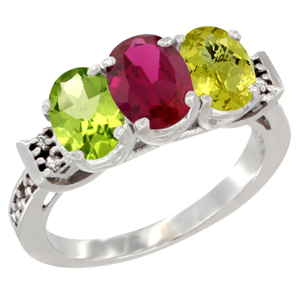 14K White Gold Natural Peridot, Enhanced Ruby & Natural Lemon Quartz Ring 3-Stone Oval 7x5 mm Diamond Accent, sizes 5 - 10