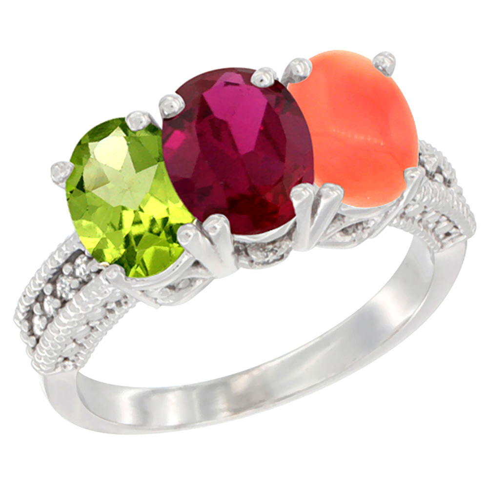 14K White Gold Natural Peridot, Enhanced Ruby & Natural Coral Ring 3-Stone Oval 7x5 mm Diamond Accent, sizes 5 - 10