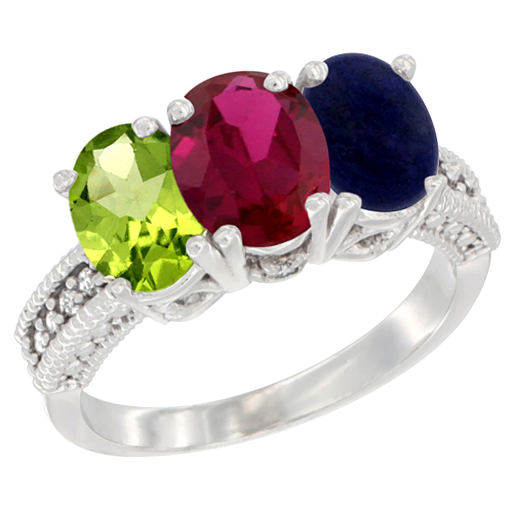 14K White Gold Natural Peridot, Enhanced Ruby & Natural Lapis Ring 3-Stone Oval 7x5 mm Diamond Accent, sizes 5 - 10