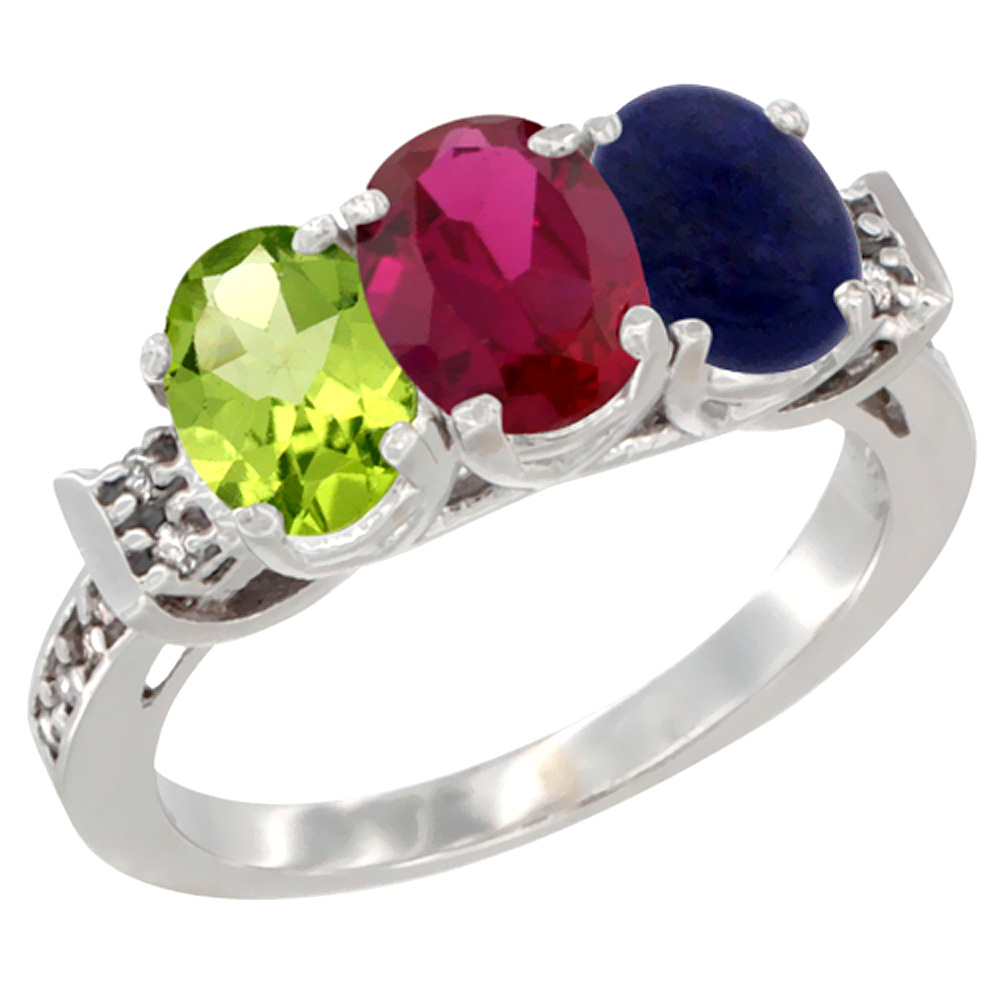 14K White Gold Natural Peridot, Enhanced Ruby &amp; Natural Lapis Ring 3-Stone Oval 7x5 mm Diamond Accent, sizes 5 - 10