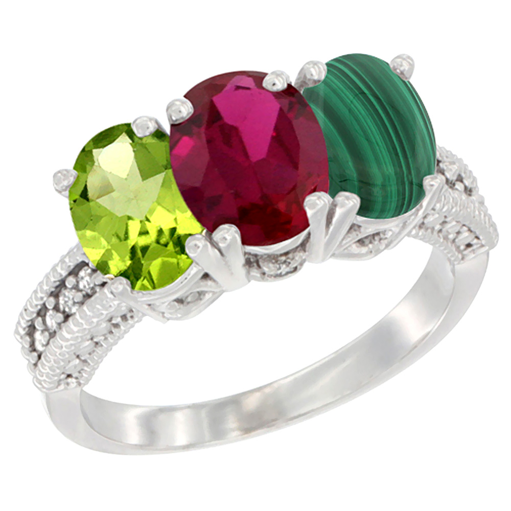 14K White Gold Natural Peridot, Enhanced Ruby & Natural Malachite Ring 3-Stone Oval 7x5 mm Diamond Accent, sizes 5 - 10