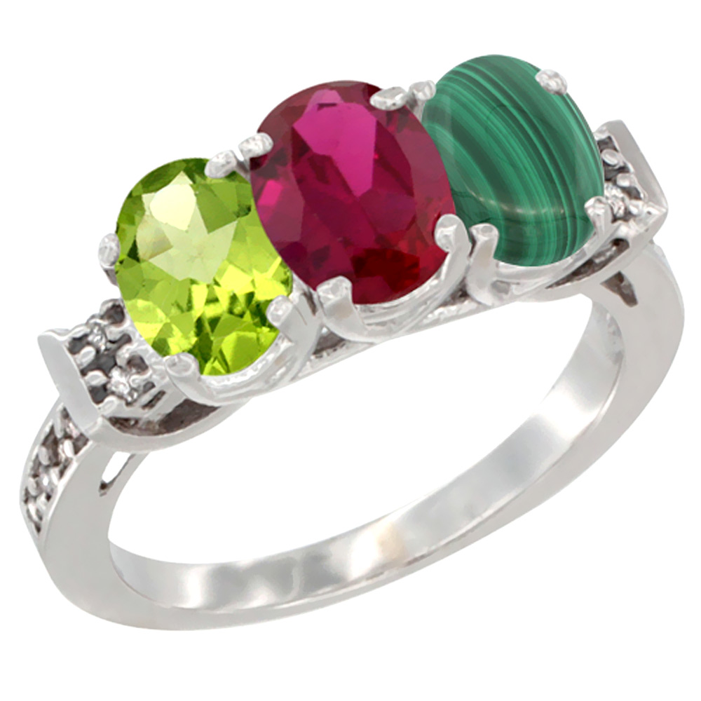 14K White Gold Natural Peridot, Enhanced Ruby & Natural Malachite Ring 3-Stone Oval 7x5 mm Diamond Accent, sizes 5 - 10