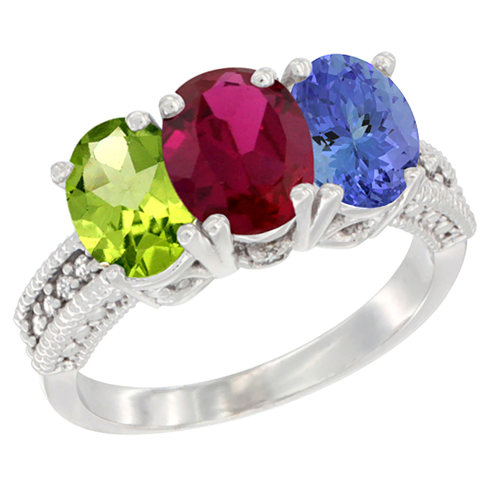 14K White Gold Natural Peridot, Enhanced Ruby & Natural Tanzanite Ring 3-Stone Oval 7x5 mm Diamond Accent, sizes 5 - 10