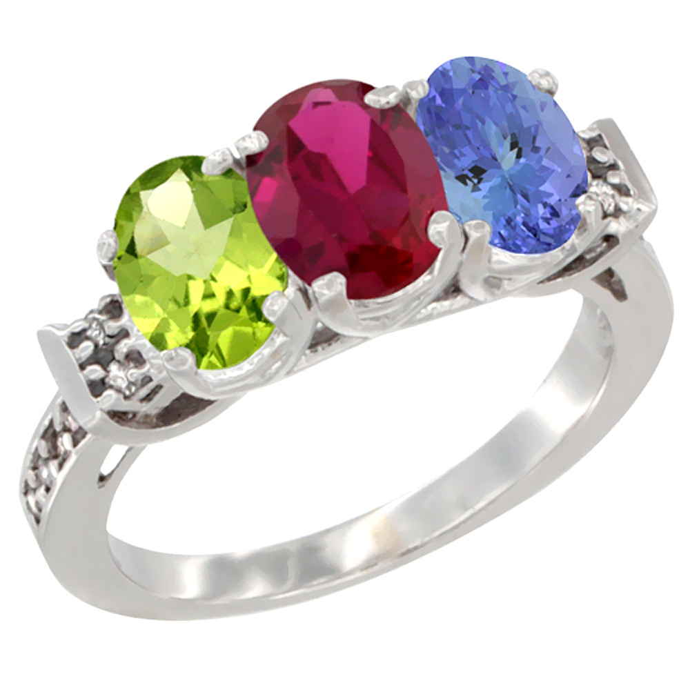 14K White Gold Natural Peridot, Enhanced Ruby & Natural Tanzanite Ring 3-Stone Oval 7x5 mm Diamond Accent, sizes 5 - 10