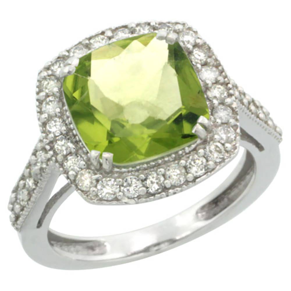 14K White Gold Natural Peridot Ring Cushion-cut 9x9mm Diamond Halo, sizes 5-10