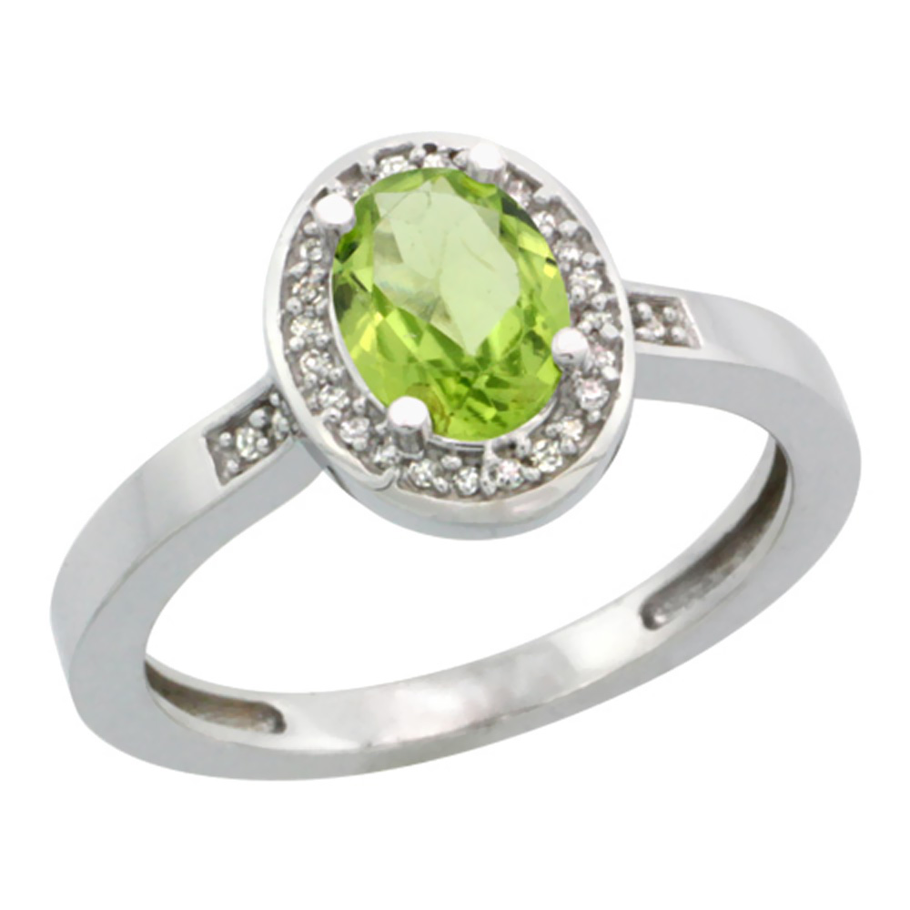 10K White Gold Diamond Natural Peridot Engagement Ring Oval 7x5mm, sizes 5-10