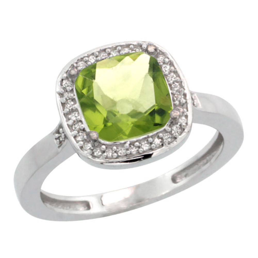 14K White Gold Diamond Natural Peridot Ring Cushion-cut 8x8mm, sizes 5-10