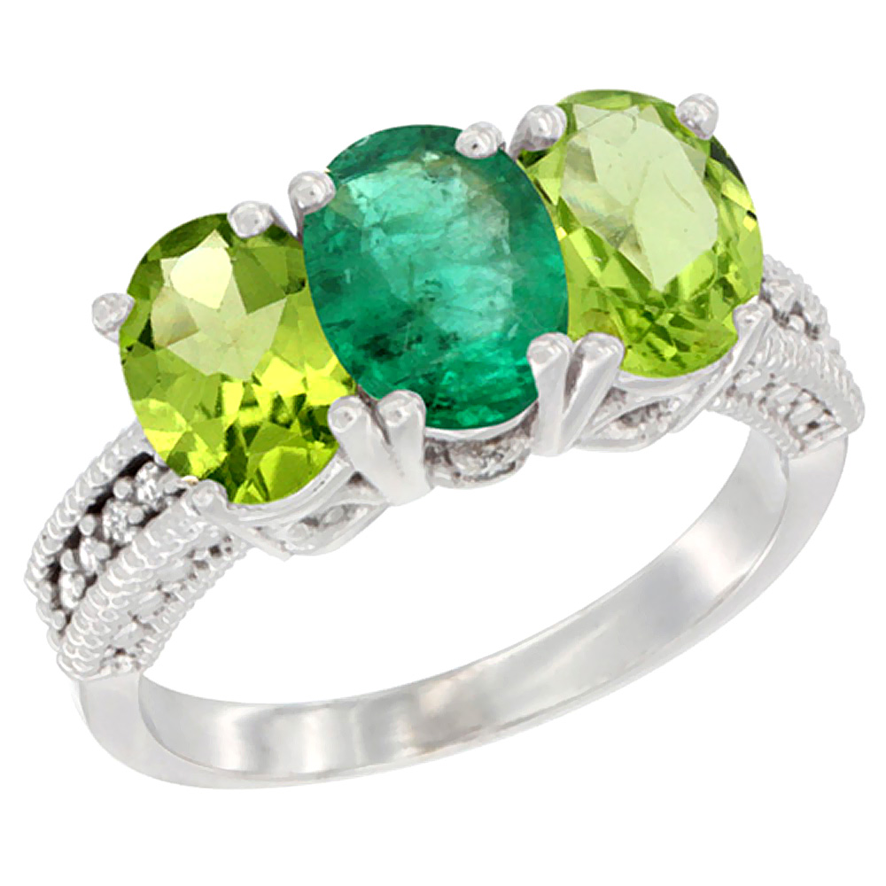 10K White Gold Natural Emerald & Peridot Sides Ring 3-Stone Oval 7x5 mm Diamond Accent, sizes 5 - 10