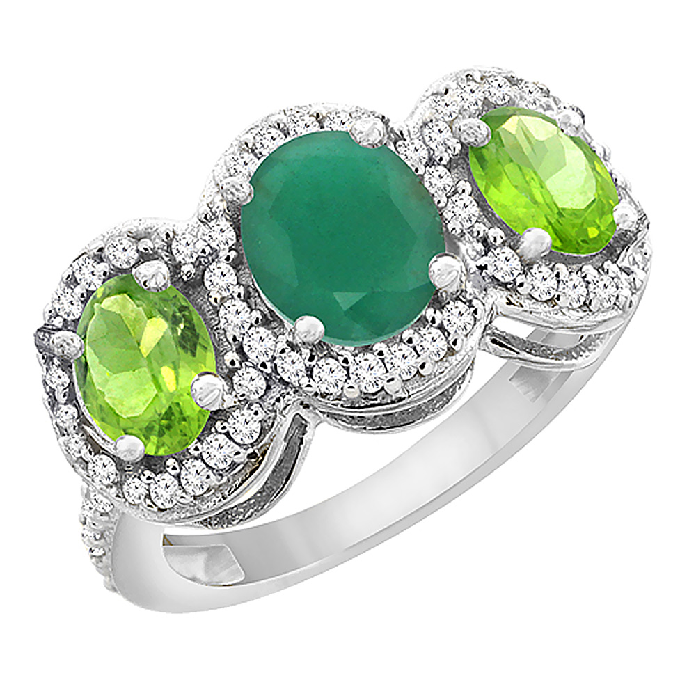 14K White Gold Natural Cabochon Emerald &amp; Peridot 3-Stone Ring Oval Diamond Accent, sizes 5 - 10