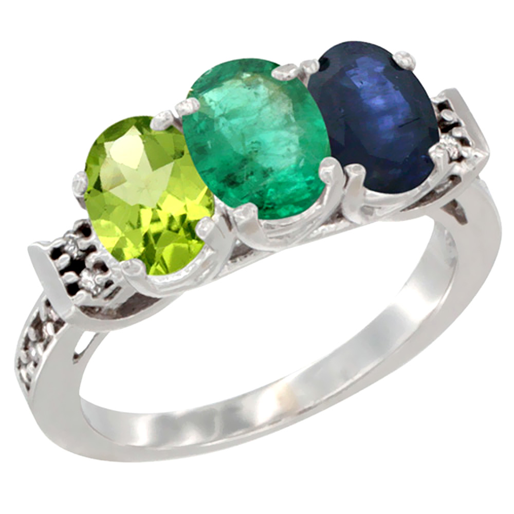 14K White Gold Natural Peridot, Emerald & Blue Sapphire Ring 3-Stone Oval 7x5 mm Diamond Accent, sizes 5 - 10