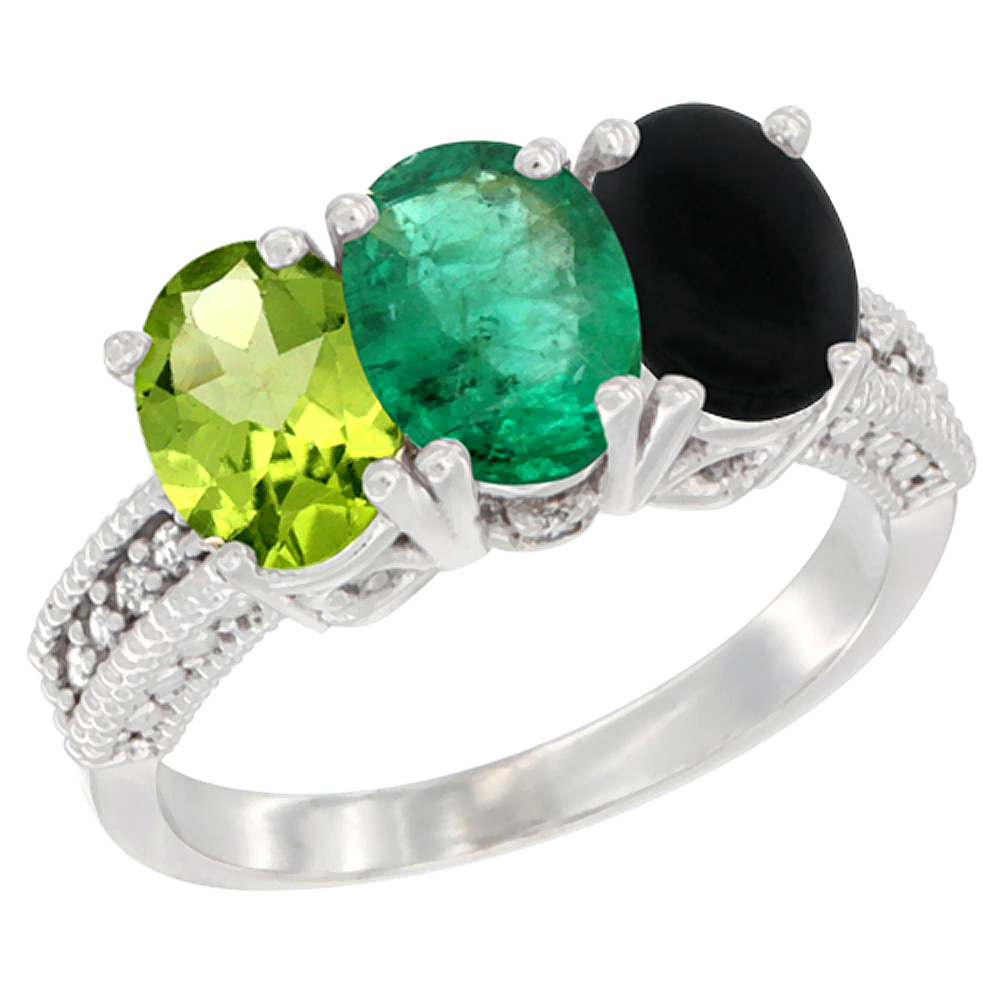 14K White Gold Natural Peridot, Emerald & Black Onyx Ring 3-Stone Oval 7x5 mm Diamond Accent, sizes 5 - 10