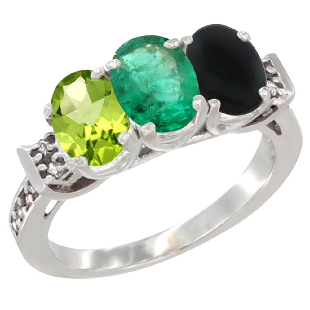 14K White Gold Natural Peridot, Emerald & Black Onyx Ring 3-Stone Oval 7x5 mm Diamond Accent, sizes 5 - 10