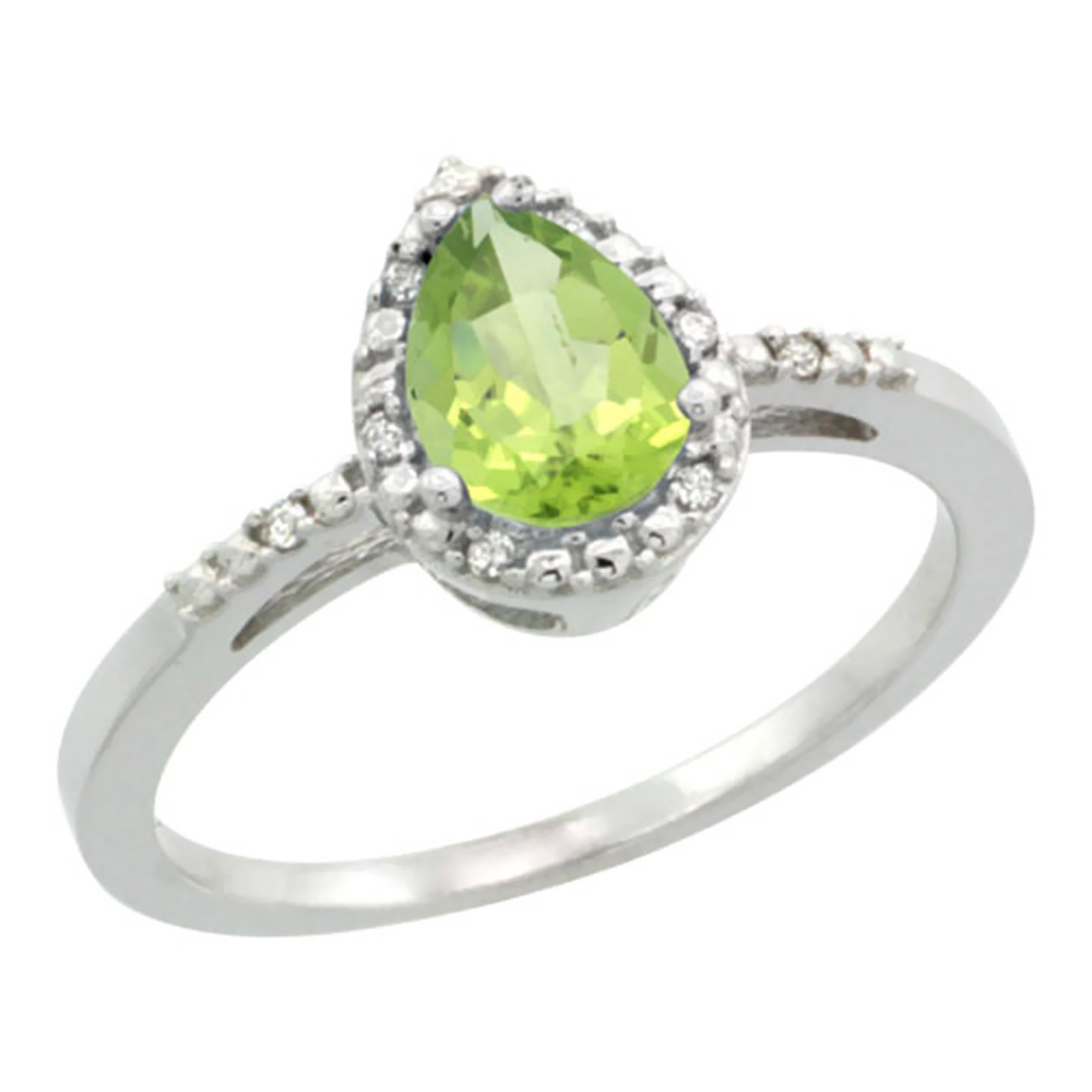 10K White Gold Diamond Natural Peridot Ring Pear 7x5mm, sizes 5-10