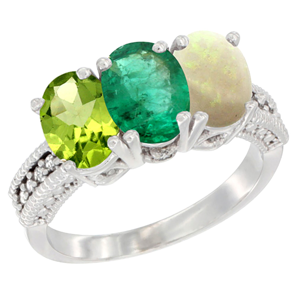 14K White Gold Natural Peridot, Emerald & Opal Ring 3-Stone Oval 7x5 mm Diamond Accent, sizes 5 - 10