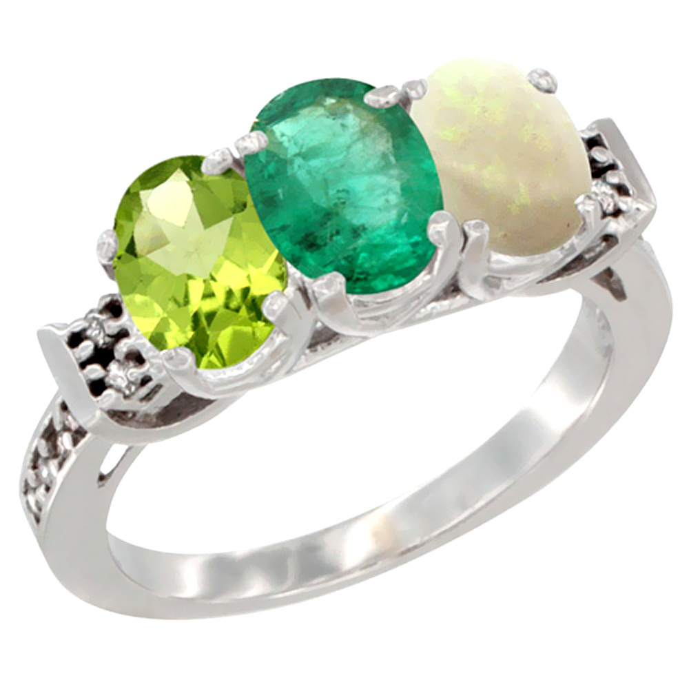 10K White Gold Natural Peridot, Emerald & Opal Ring 3-Stone Oval 7x5 mm Diamond Accent, sizes 5 - 10