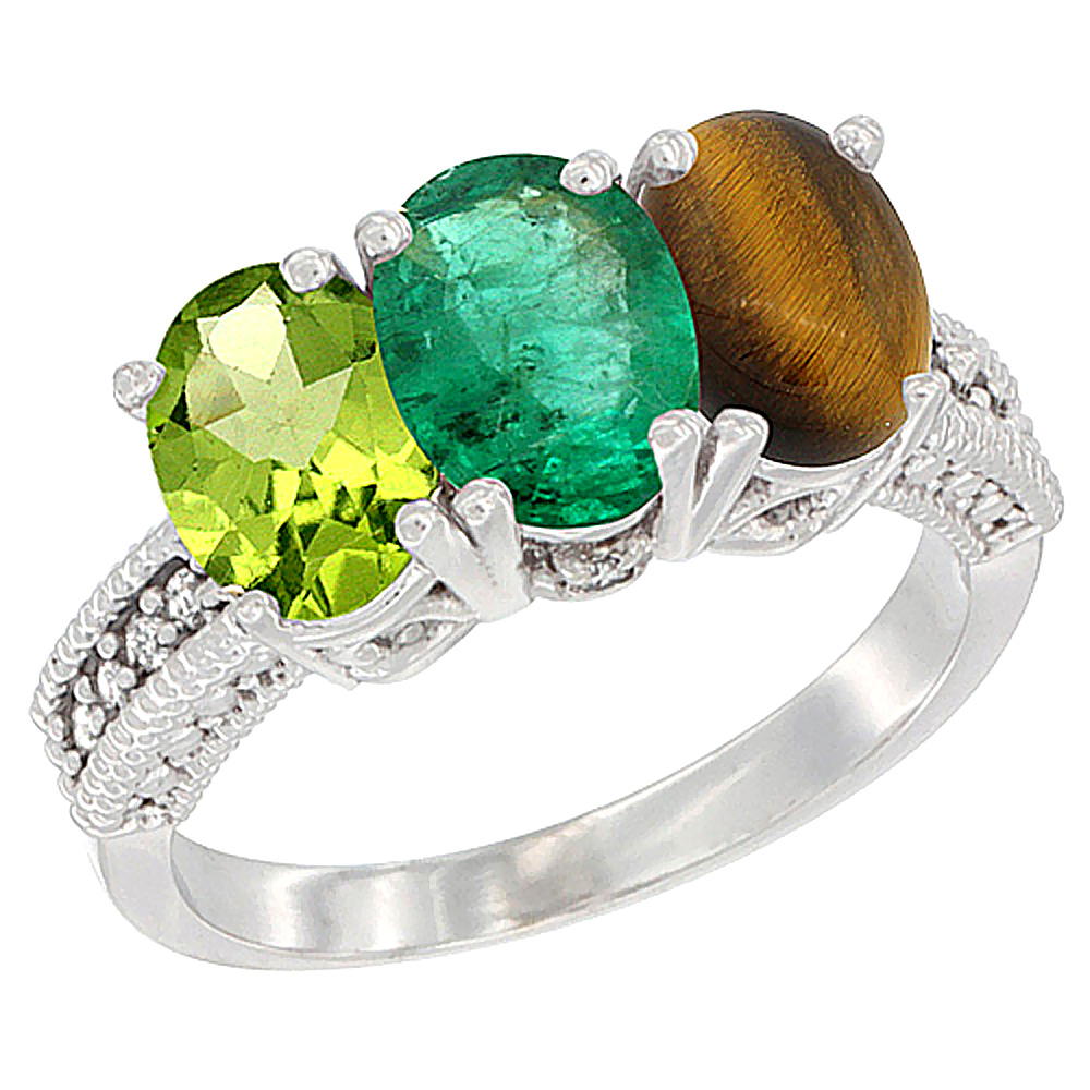 10K White Gold Natural Peridot, Emerald & Tiger Eye Ring 3-Stone Oval 7x5 mm Diamond Accent, sizes 5 - 10