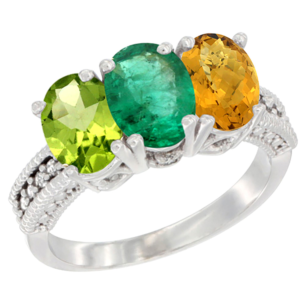 14K White Gold Natural Peridot, Emerald & Whisky Quartz Ring 3-Stone Oval 7x5 mm Diamond Accent, sizes 5 - 10