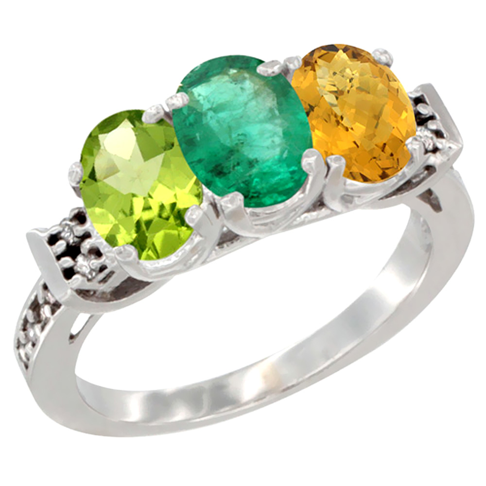 10K White Gold Natural Peridot, Emerald &amp; Whisky Quartz Ring 3-Stone Oval 7x5 mm Diamond Accent, sizes 5 - 10