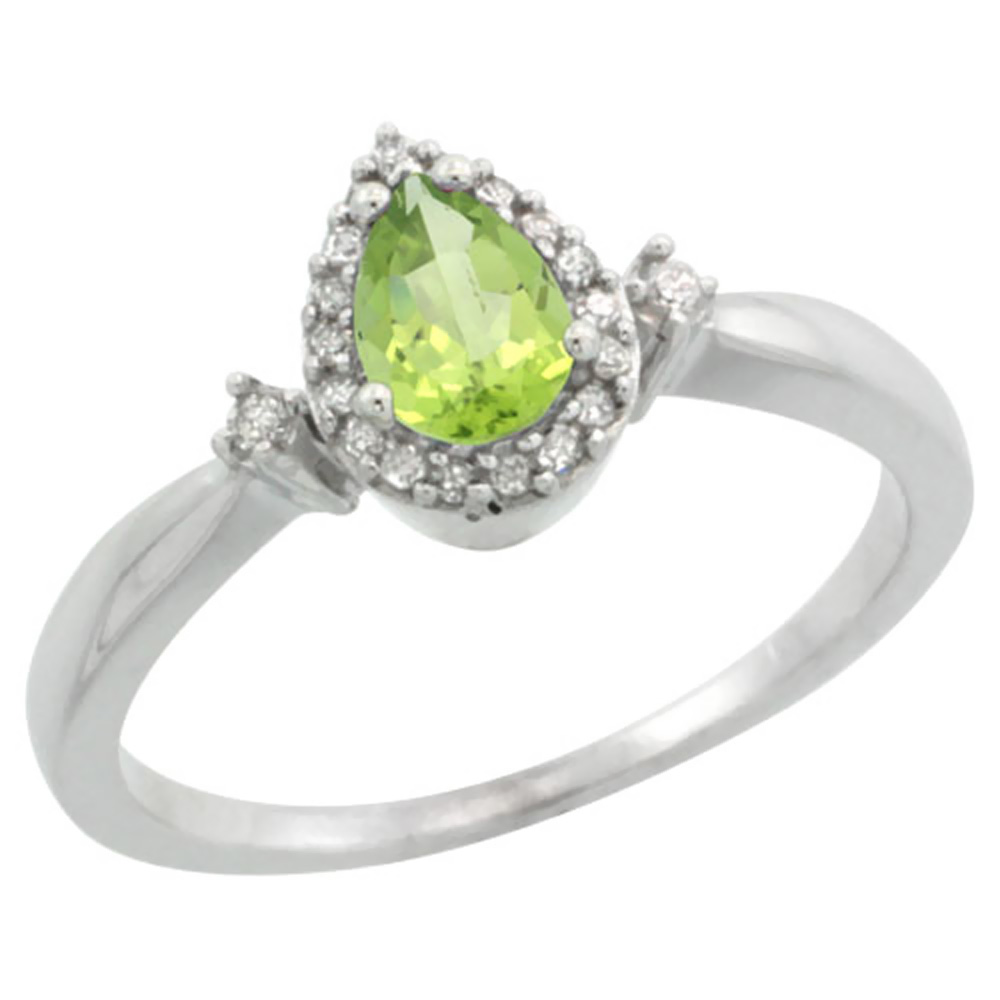 10K White Gold Diamond Natural Peridot Ring Pear 6x4mm, sizes 5-10