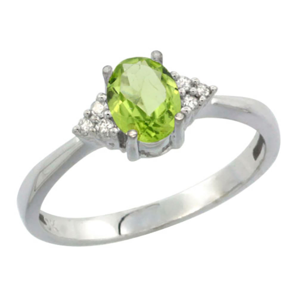 10K White Gold Diamond Natural Peridot Engagement Ring Oval 7x5mm, sizes 5-10