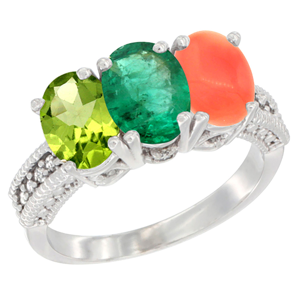 14K White Gold Natural Peridot, Emerald & Coral Ring 3-Stone Oval 7x5 mm Diamond Accent, sizes 5 - 10