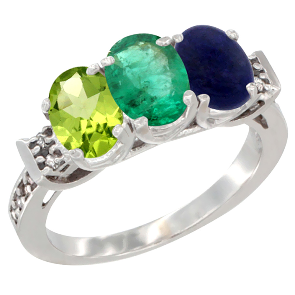 10K White Gold Natural Peridot, Emerald & Lapis Ring 3-Stone Oval 7x5 mm Diamond Accent, sizes 5 - 10