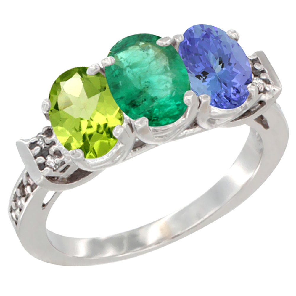 14K White Gold Natural Peridot, Emerald & Tanzanite Ring 3-Stone Oval 7x5 mm Diamond Accent, sizes 5 - 10