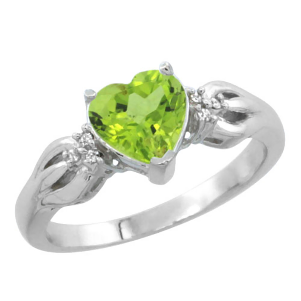 14K White Gold Natural Peridot Ring Heart-shape 7x7mm Diamond Accent, sizes 5-10