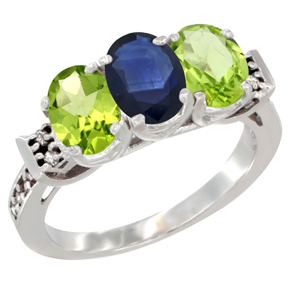 14K White Gold Natural Blue Sapphire & Peridot Sides Ring 3-Stone Oval 7x5 mm Diamond Accent, sizes 5 - 10