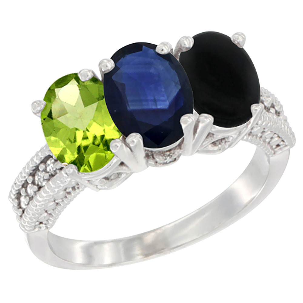 14K White Gold Natural Peridot, Blue Sapphire &amp; Black Onyx Ring 3-Stone Oval 7x5 mm Diamond Accent, sizes 5 - 10