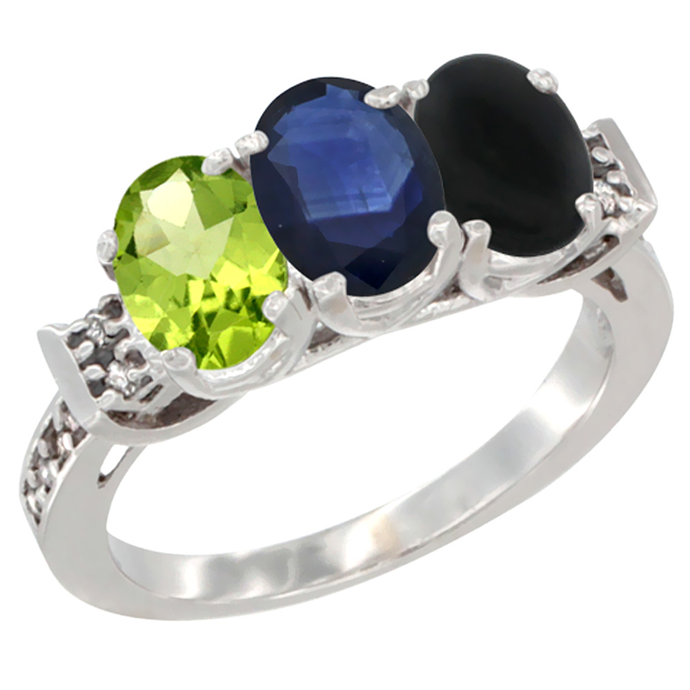 14K White Gold Natural Peridot, Blue Sapphire & Black Onyx Ring 3-Stone Oval 7x5 mm Diamond Accent, sizes 5 - 10