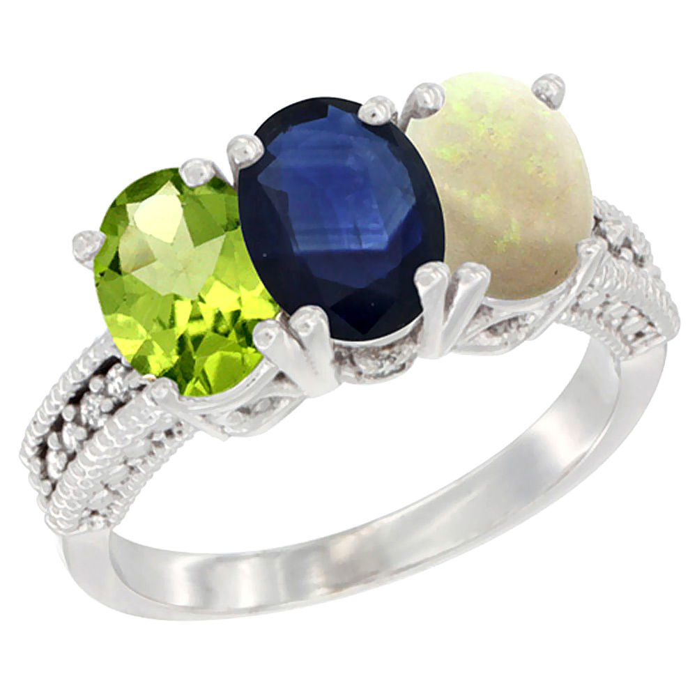 14K White Gold Natural Peridot, Blue Sapphire &amp; Opal Ring 3-Stone Oval 7x5 mm Diamond Accent, sizes 5 - 10